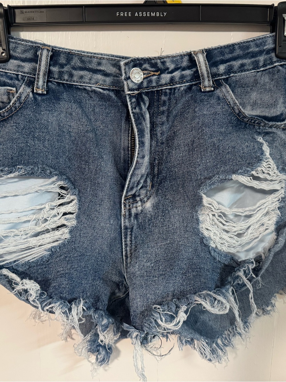 Distressed High-Rise Denim Shorts - Blue